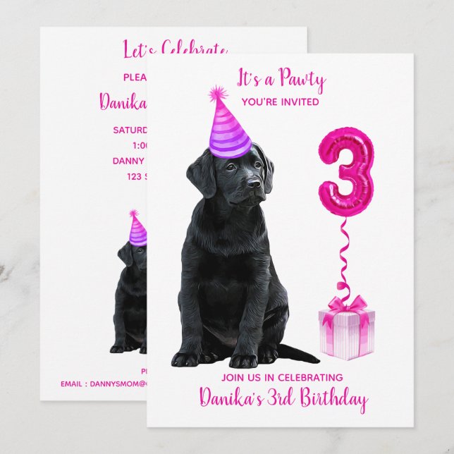 3rd Birthday Puppy Theme- Cute Dog Pink Girl Pawty Invitation (Front/Back)
