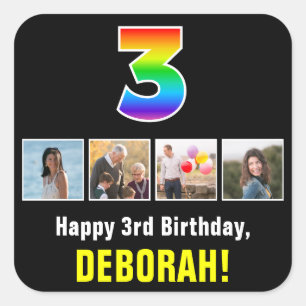 3rd Birthday: Rainbow “3”; Custom Photos & Name Square Sticker