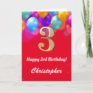 3rd Birthday Red and Gold Colourful Balloons Card