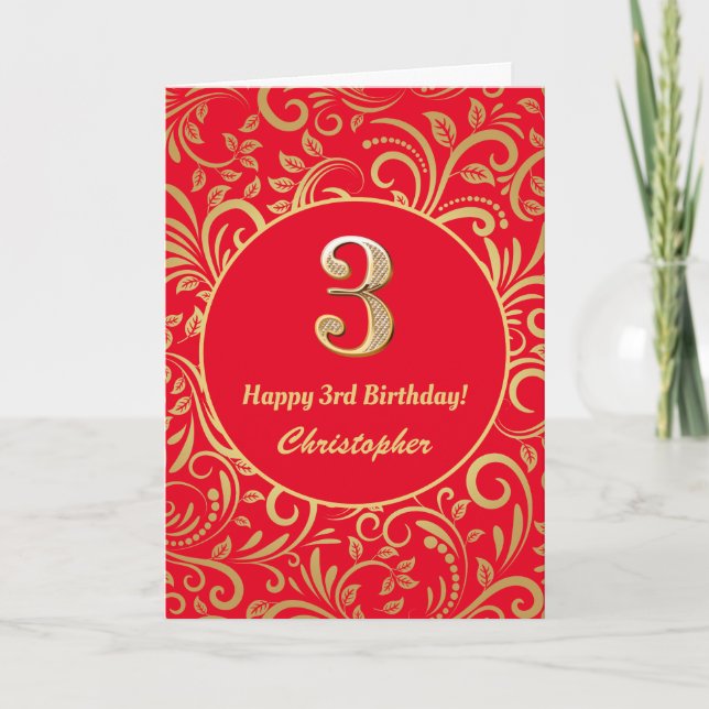3rd Birthday Red and Gold Floral Pattern Card (Front)