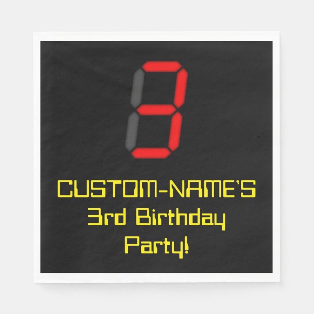 3rd Birthday: Red Digital Clock Style "3" + Name Napkin (Front)