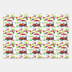 3rd Birthday Red Golf Cart Boy's Pattern Wrapping Paper Sheet