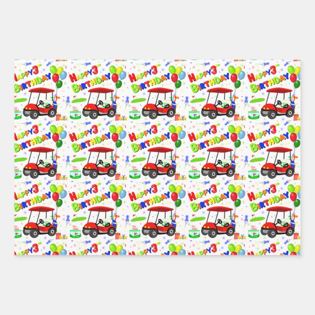 3rd Birthday Red Golf Cart Boy's Pattern Wrapping Paper Sheet (Front)