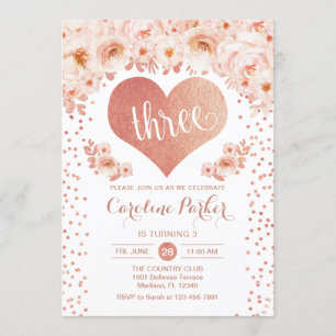 3rd Birthday - Rose Gold Heart White Pink Floral Invitation