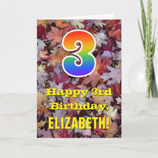 3rd Birthday; Rustic Autumn Leaves; Rainbow "3" Card (Front)