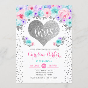 3rd Birthday - Silver Heart Teal Purple Pink Invitation