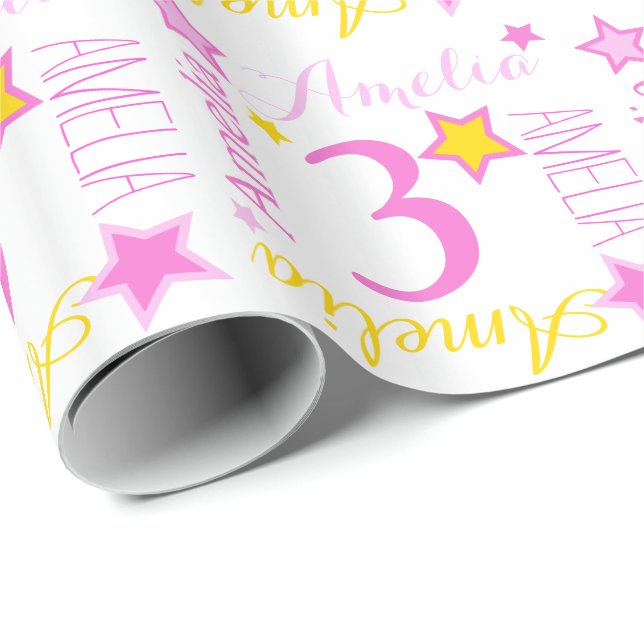 3rd birthday star custom name yellow pink white wrapping paper (Roll Corner)