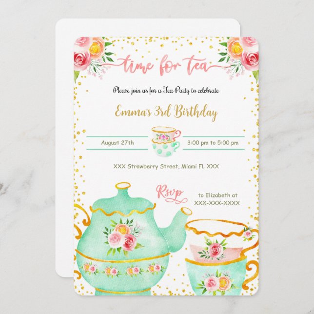 3RD Birthday Tea Party Invitation (Front/Back)