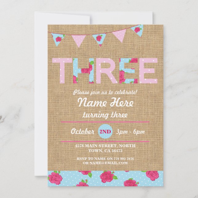 3rd Birthday Tea Party Three 3 Burlap Rose Invite (Front)