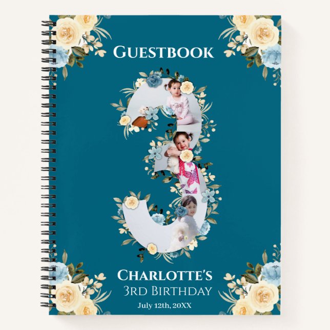 3rd Birthday Teal Flower Photo Yellow Guest Book (Front)