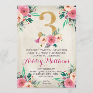 3rd birthday Third Beautiful Floral Invitation, Invitation