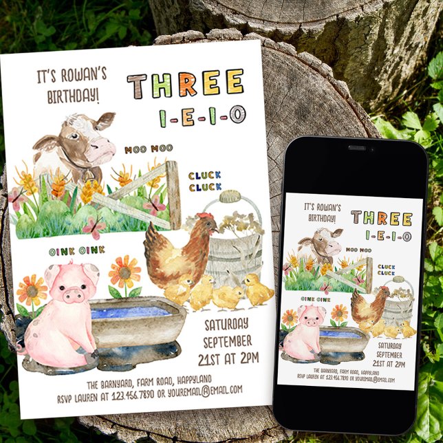 3rd Birthday Three I-E-I-O Boys Farm Animal Theme Invitation (Three-i-e-i-o nursery rhyme farm theme 3rd birthday invite with a moo moo here .. you know the rest!)