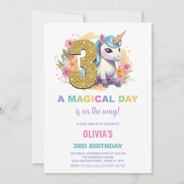 3rd Birthday Unicorn Birthday Invitations (Front)