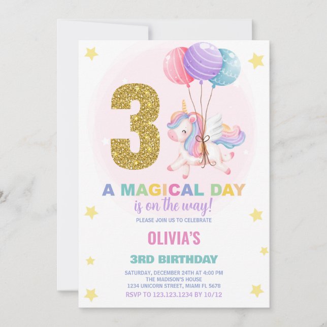 3rd Birthday Unicorn Birthday Invitations (Front)