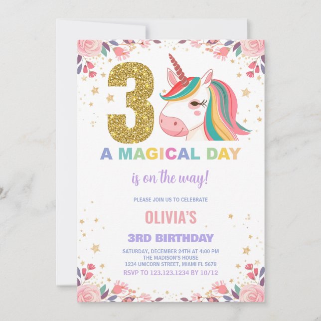 3rd Birthday Unicorn Birthday Invitations (Front)