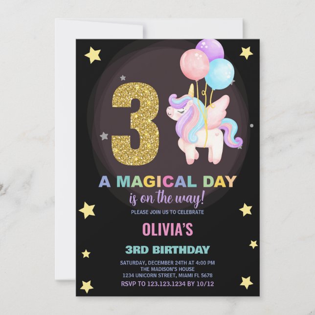 3rd Birthday Unicorn Birthday Invitations (Front)