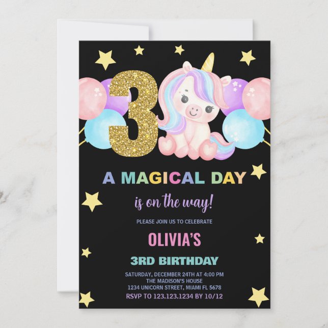 3rd Birthday Unicorn Birthday Invitations (Front)