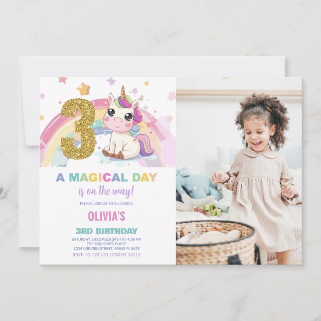 3rd Birthday Unicorn Birthday Invitations photo (Front)