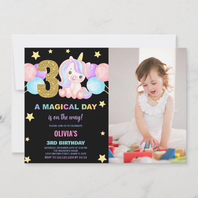 3rd Birthday Unicorn Birthday Invitations w photo (Front)