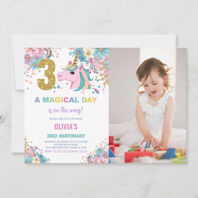 3rd Birthday Unicorn Birthday Invitations w photo (Front)