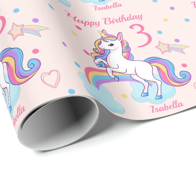 3rd Birthday Unicorn Rainbow Pink Wrapping Paper (Roll Corner)