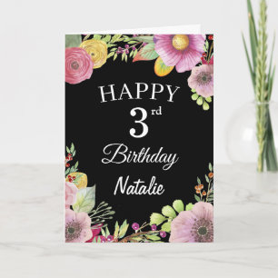 3rd Birthday Watercolor Floral Flowers Black Card