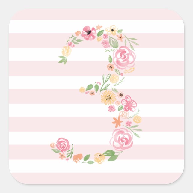 3rd Birthday Watercolor Floral THREE Square Sticker (Front)
