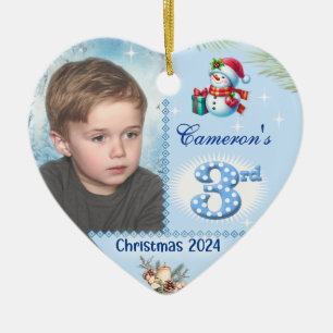 3rd Christmas Personalised Boy's Photo Heart Gift Ceramic Ornament