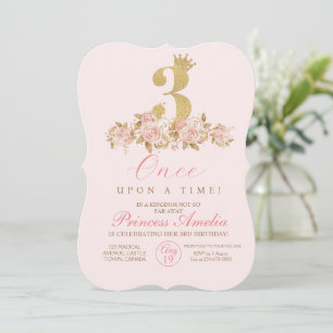 3rd Cute Pink Gold Crown Princess Birthday  Invitation