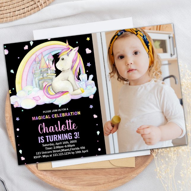 3rd Floral Black Photo Unicorn Birthday Invitation (3rd Floral Black Photo Unicorn Birthday Invitation)