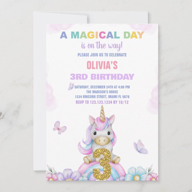 3rd Floral Unicorn Birthday Invitations (Front)