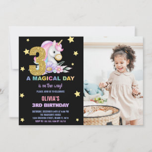 3rd Floral Unicorn Birthday Invitations with Photo