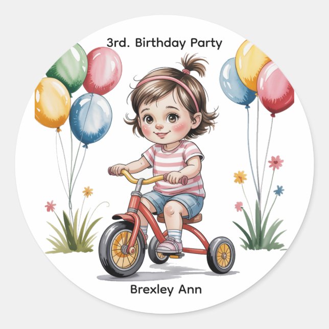 3rd. Girl's Birthday on a Tricycle Party Classic Round Sticker (Front)