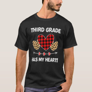 3rd Grade Has My Heart Leopard Buffalo Plaid Valen T-Shirt