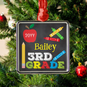 3rd Grade Keepsake Chalkboard Colourful Kids Photo Metal Ornament