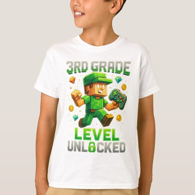 3rd Grade Level Unlocked Gamer T-Shirt – Pixel Vid (Front)