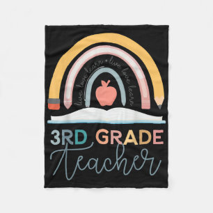 3rd Grade Teacher School Retro Pencil Boho Rainbow Fleece Blanket