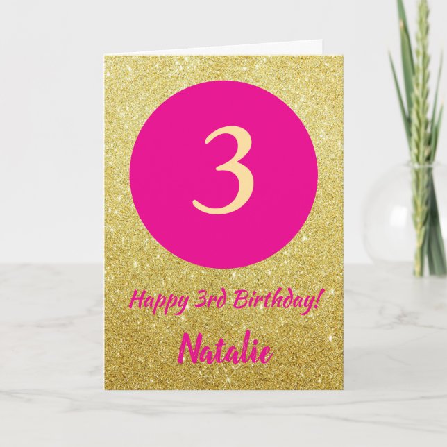 3rd Happy Birthday Hot Pink and Gold Glitter Card (Front)