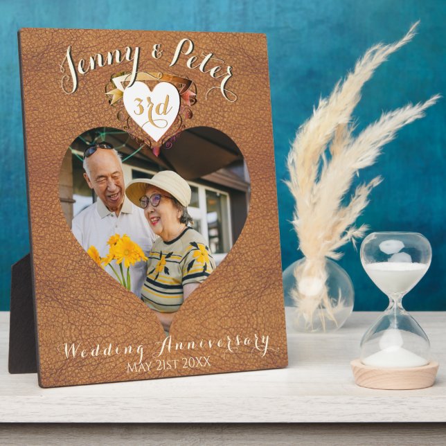 3rd Leather Image Wedding Anniversary Photo Heart Plaque (Side)