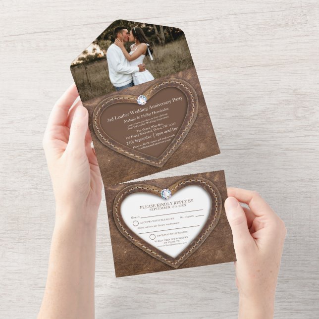 3rd leather wedding anniversary no envelope photo all in one invitation (Tearaway)