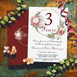 3rd Leather Wedding Anniversary Roses Gold Frame Invitation