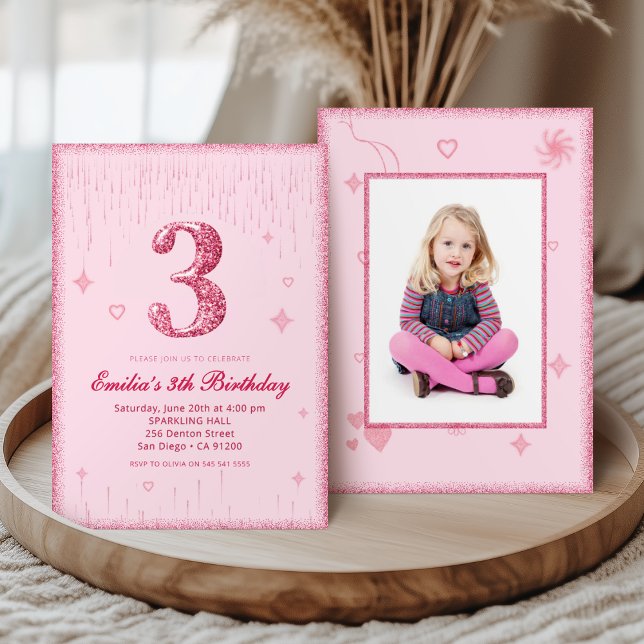 3rd Pink Glitter Birthday Sparkle Glitter picture Invitation (Creator Uploaded)