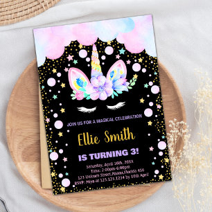 3rd Purple Unicorn Birthday Invitations