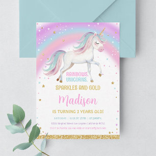 3rd Rainbow Pastel Unicorn Birthday Invitation