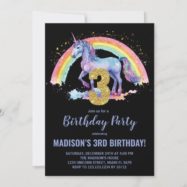 3rd Rainbow Unicorn Birthday Invitations (Front)