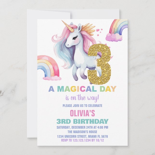 3rd Rainbow Unicorn Birthday Invitations Glitter (Front)
