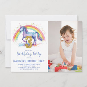 3rd Rainbow Unicorn Birthday Invitations photo