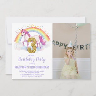 3rd Rainbow Unicorn Birthday Invitations photo