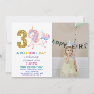 3rd Rainbow Unicorn Birthday Invitations w photo