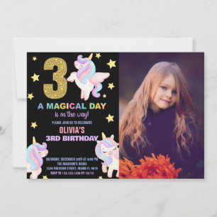 3rd Rainbow Unicorn Birthday Invitations w photo